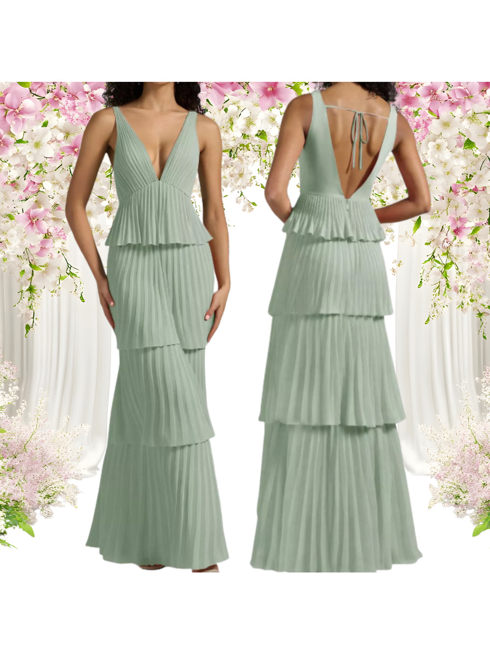 AW BRIDAL 6 S sage green chiffon Asma tier pleated backless maxi dress NEW 0b7